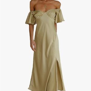 Elegant satin Off-Shoulder olive butterfly sleeve Dress
